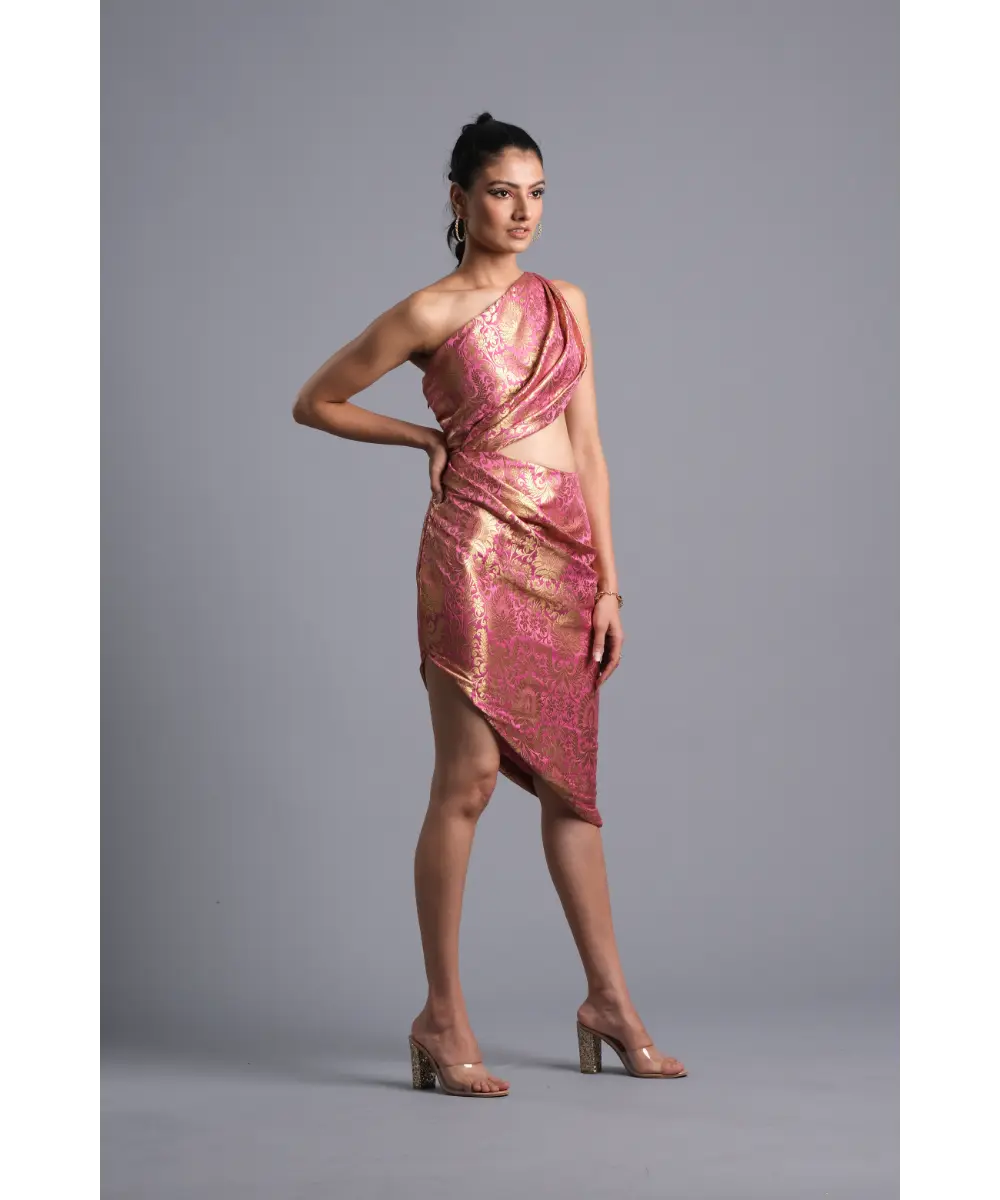 AASTHA SOOD - Bubblegum pink Asymmetric Brocade Dress